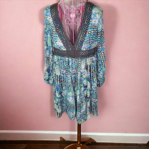 Betsey Johnson Gypset Watercolor Print Crochet trim Boho Chiffon dress size 6 - Picture 13 of 13